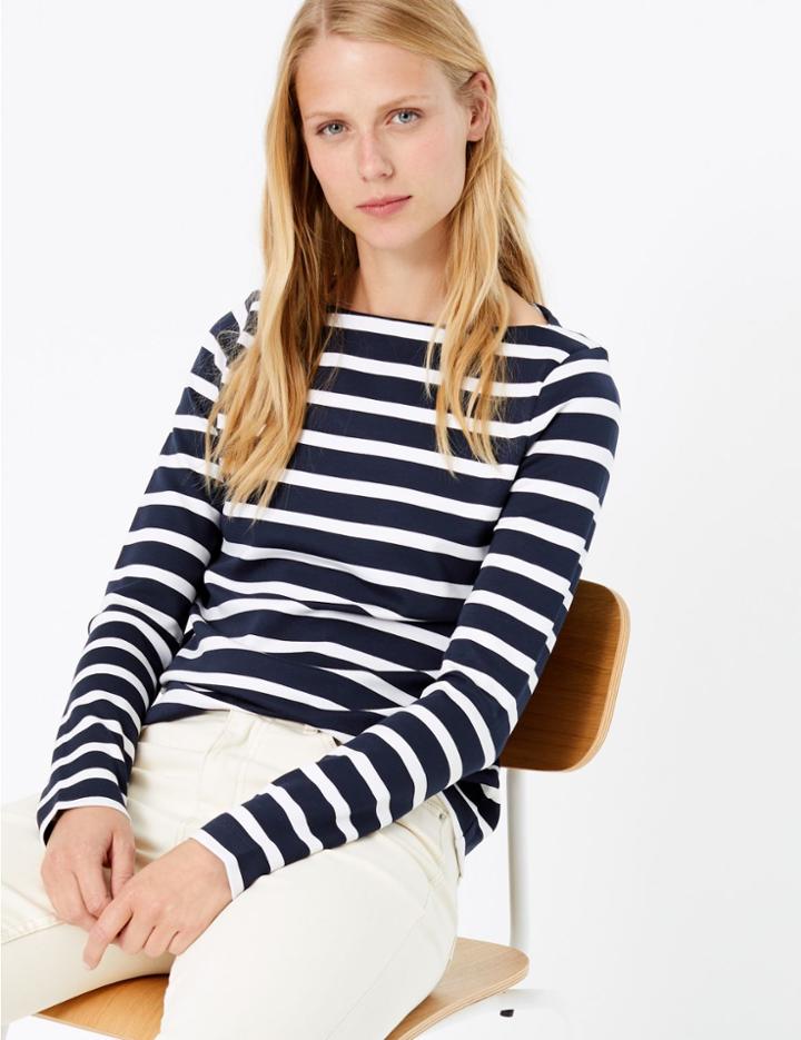 Marks & Spencer Striped Slash Neck Long Sleeve Top Navy Mix