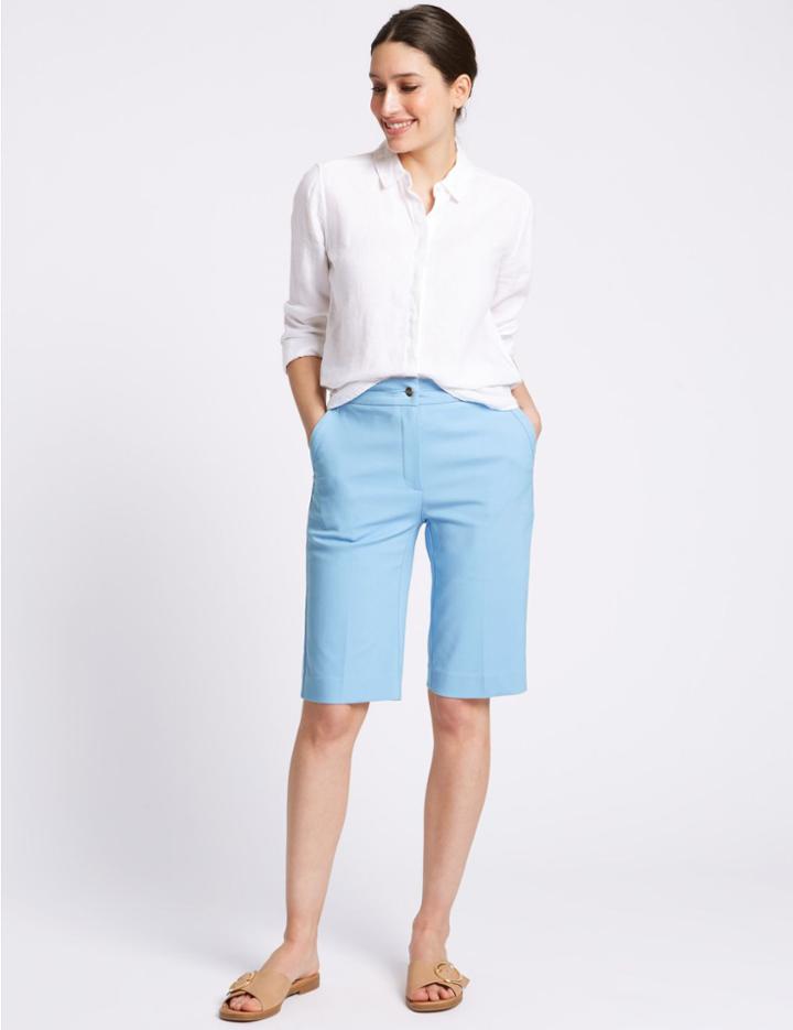 Marks & Spencer Cotton Blend Tailored Shorts Light Ocean