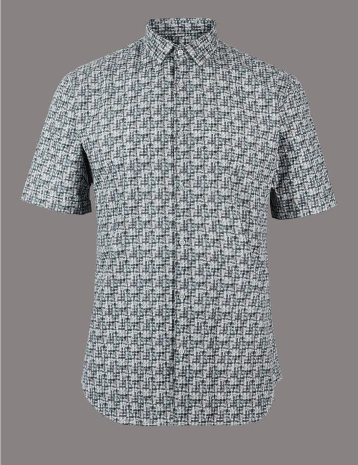 Marks & Spencer Pure Cotton Slim Fit Printed Shirt Dark Teal