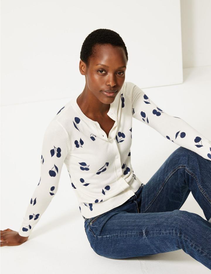 Marks & Spencer Printed Round Neck Cardigan Cream Mix