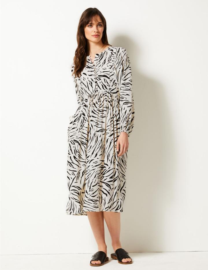 Marks & Spencer Animal Print Relaxed Midi Dress Ivory Mix