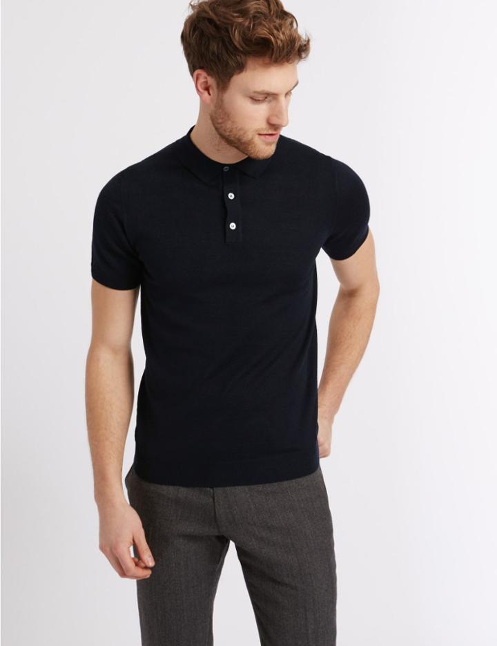 Marks & Spencer Merino Wool Blend Polo Shirt Navy