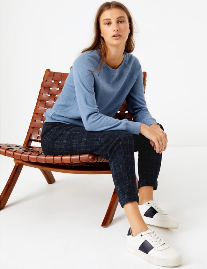 Marks & Spencer Checked Straight Ankle Grazer Trousers Navy Mix