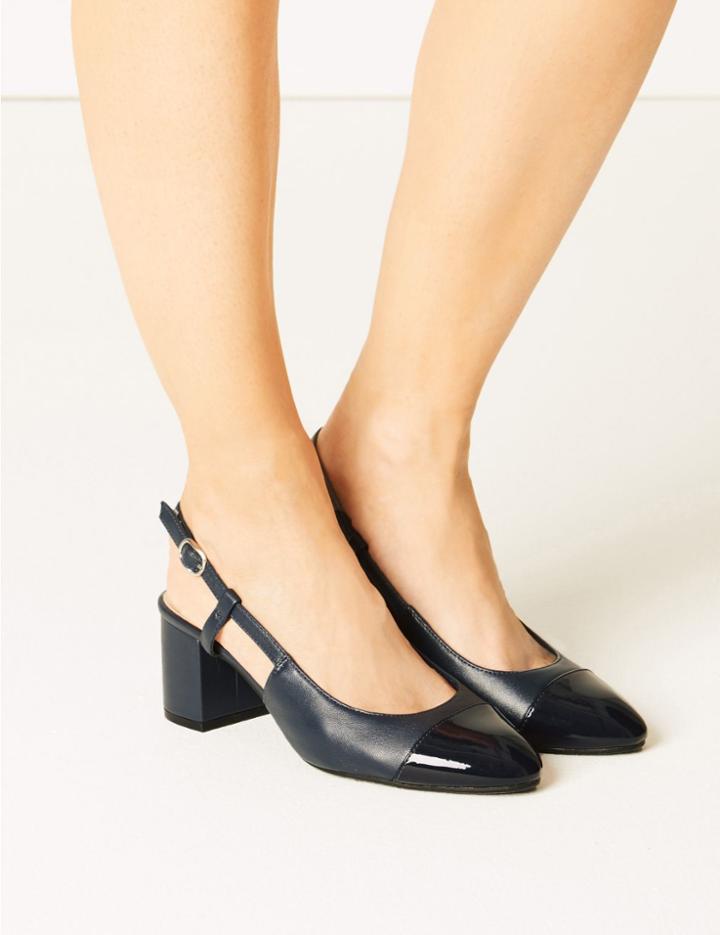 Marks & Spencer Leather Block Heel Slingback Shoes Navy