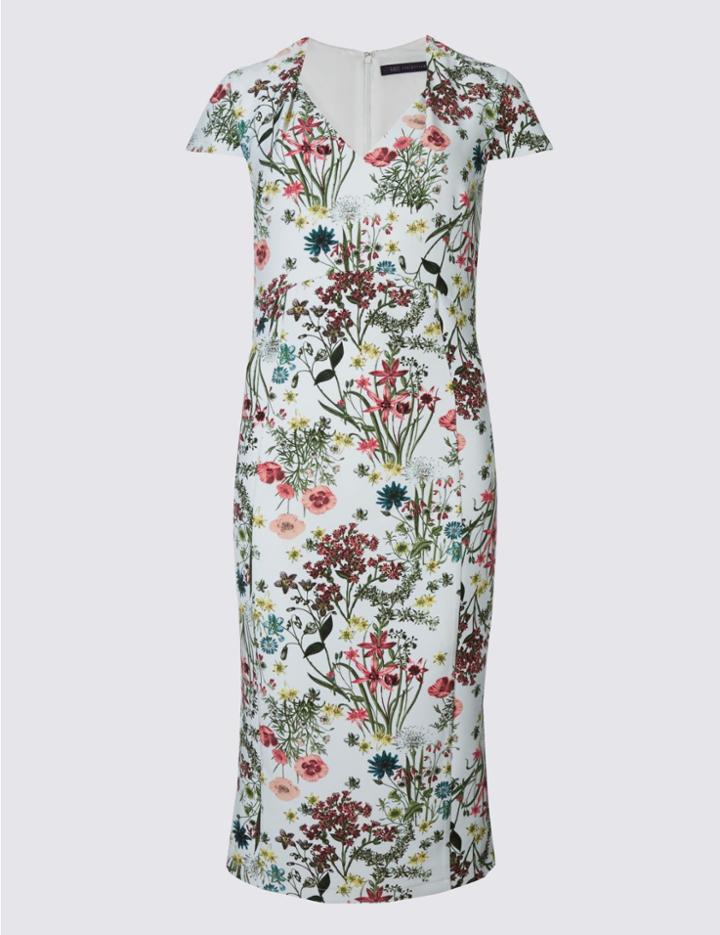 Marks & Spencer Floral Print Short Sleeve Bodycon Dress Ivory Mix