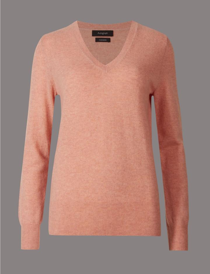 Marks & Spencer Pure Cashmere Ribbed Hem V-neck Jumper Copper Rose