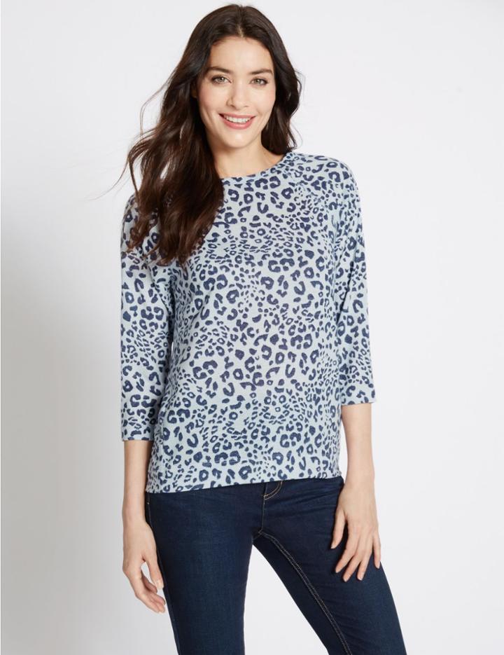 Marks & Spencer Animal Print 3/4 Sleeve Jersey Top Blue Mix