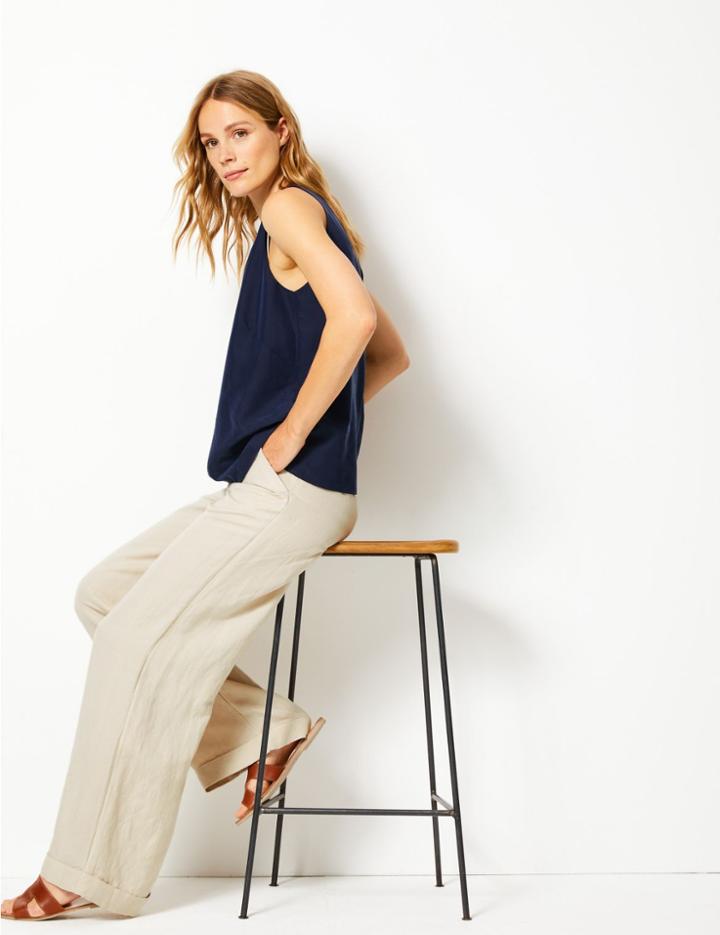 Marks & Spencer Linen Blend Wide Leg Trousers Flax