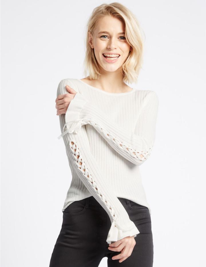 Marks & Spencer Lace Sleeve Ribbed Round Neck Jumper Ivory