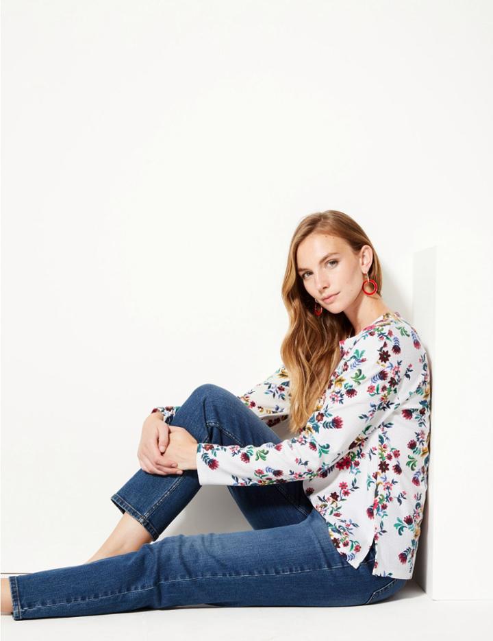 Marks & Spencer Floral Print Round Neck Long Sleeve Sweatshirt Ivory Mix