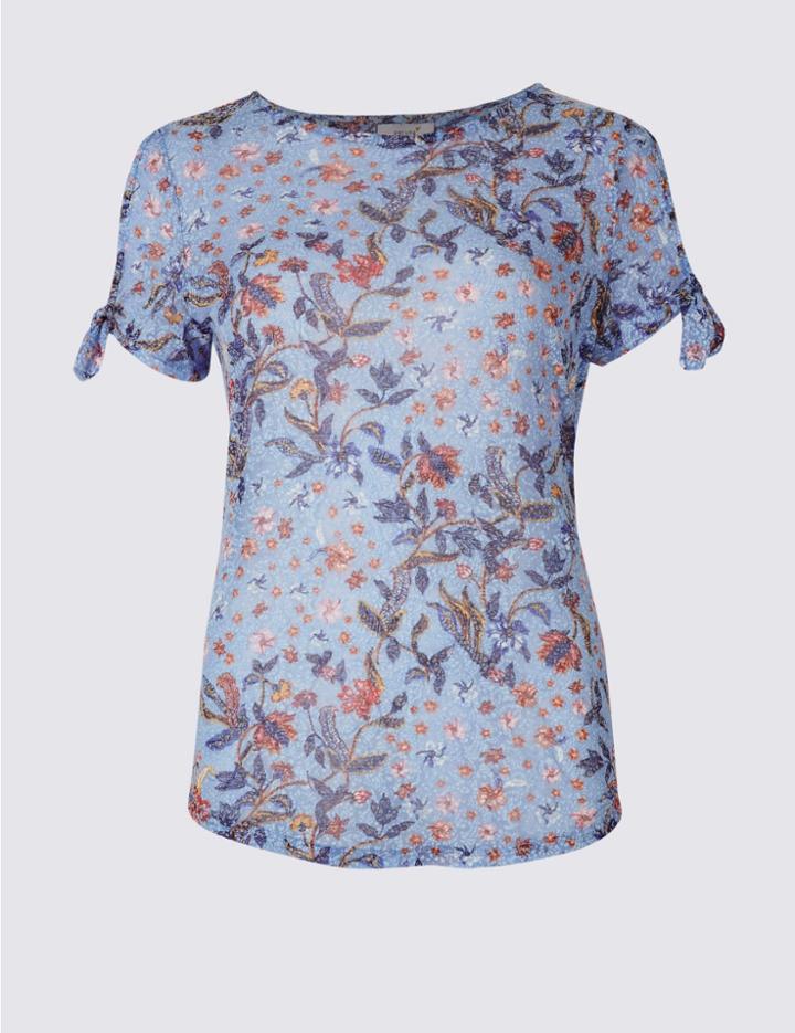 Marks & Spencer Floral Burnout Print Tie Sleeve T-shirt Blue Mix