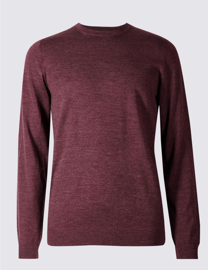 Marks & Spencer Pure Merino Wool Crew Neck Jumper Dark Raspberry
