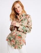 Marks & Spencer Petite Floral Print Satin Long Sleeve Shirt Beige Mix