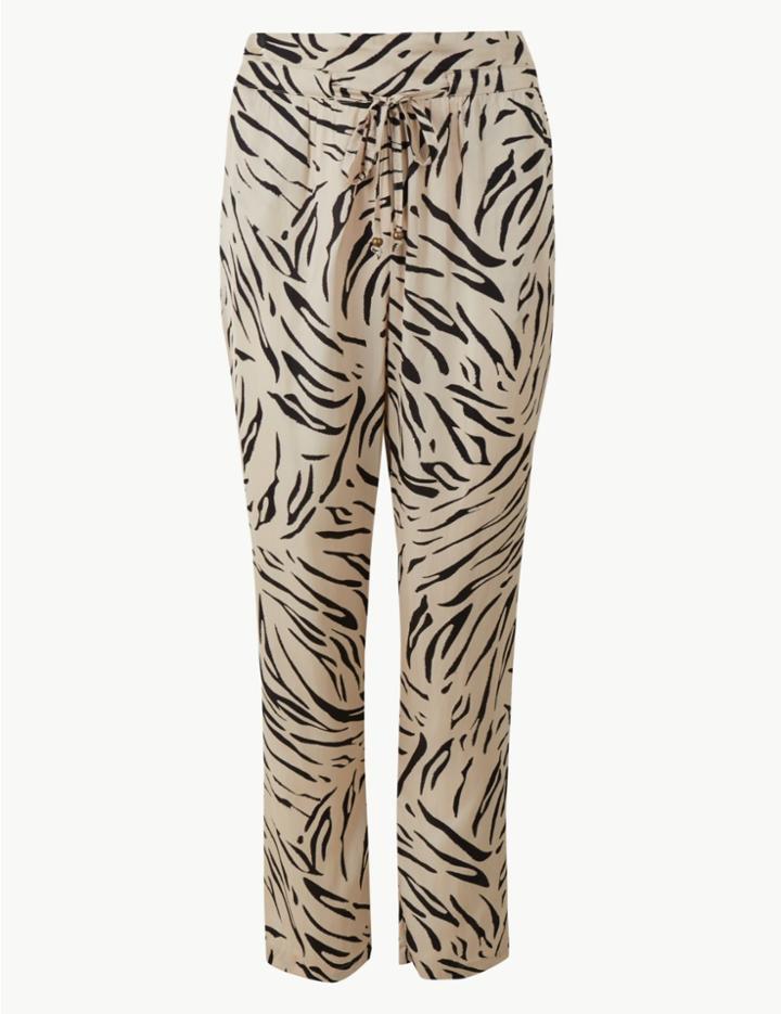 Marks & Spencer Satin Animal Print Ankle Grazer Peg Trousers Cream Mix