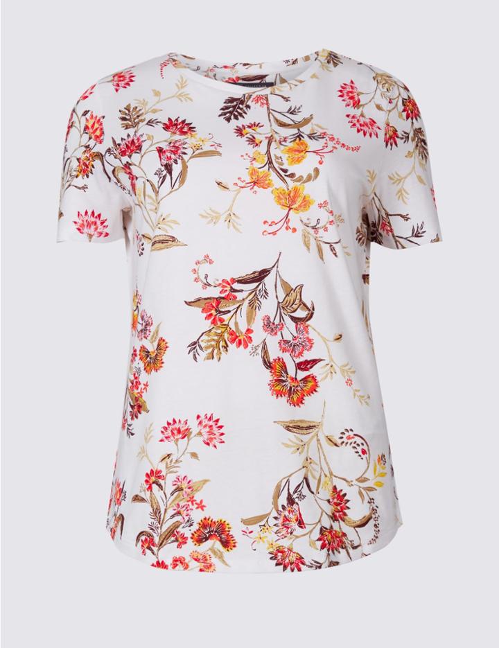 Marks & Spencer Pure Cotton Floral Print Short T-shirt Ivory Mix