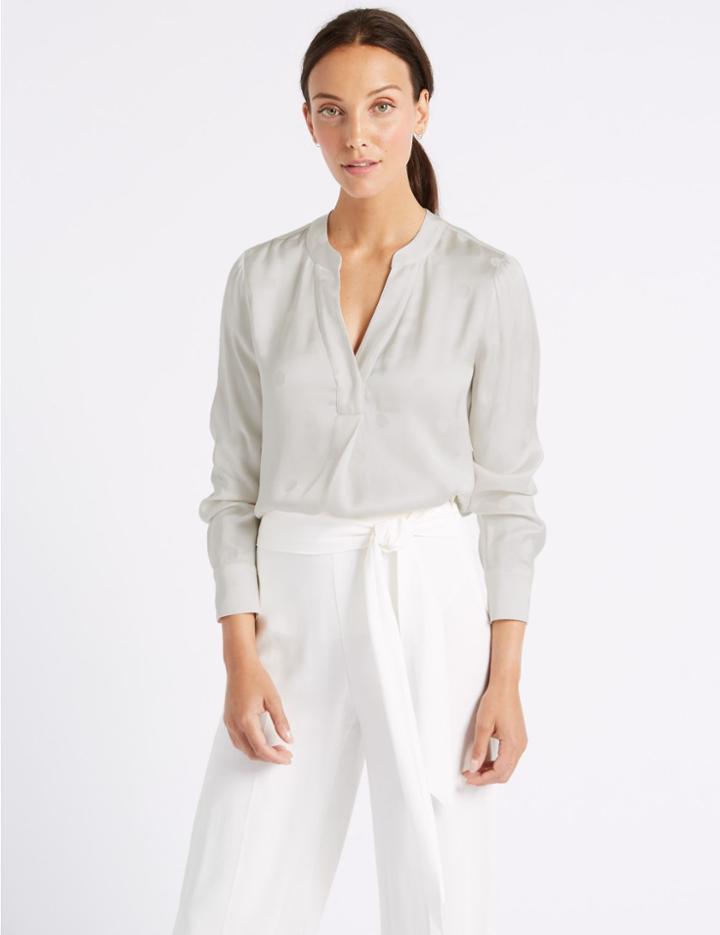 Marks & Spencer Spotted Satin Popover Long Sleeve Blouse Ivory