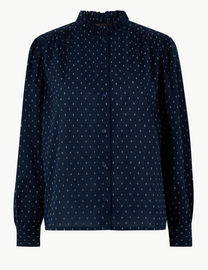 Marks & Spencer Petite Cotton Rich Polka Dot Blouse Navy