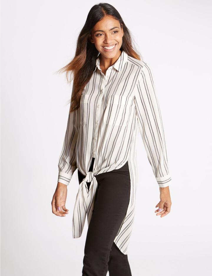 Marks & Spencer Striped Longline Long Sleeve Shirt Ivory Mix