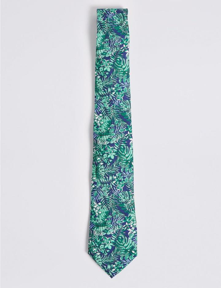 Marks & Spencer Pure Silk Tropical Leaf Print Tie Jade Mix