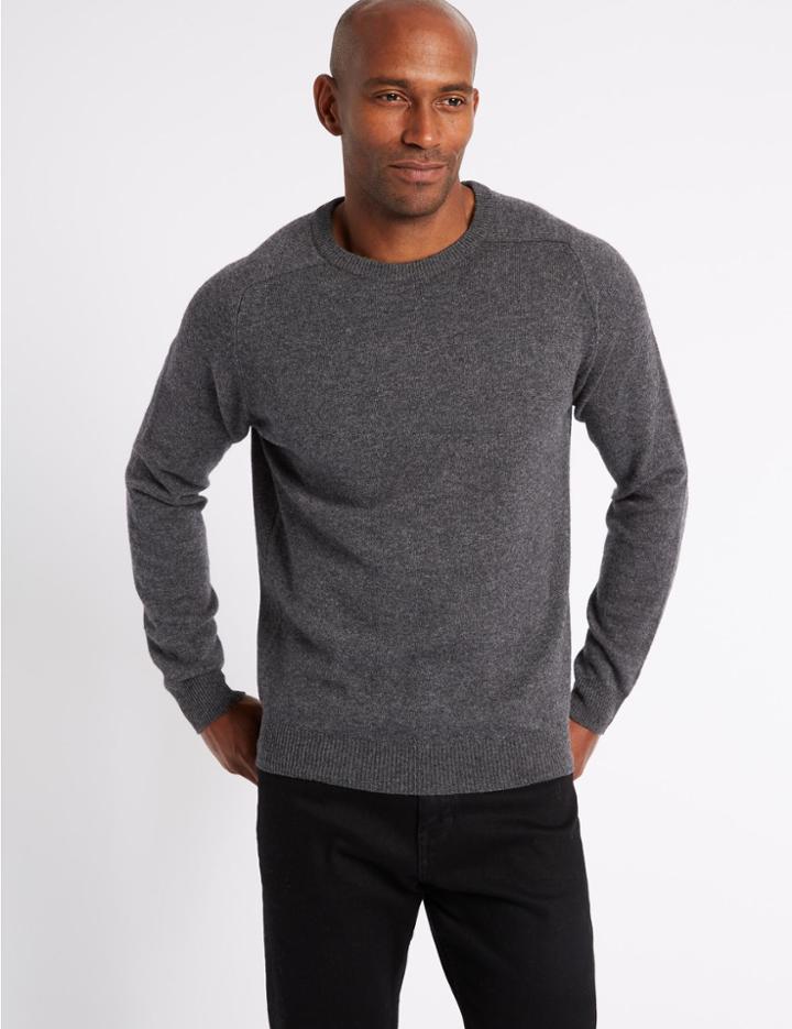 Marks & Spencer Pure Lambswool Crew Neck Jumper Dark Grey Mix