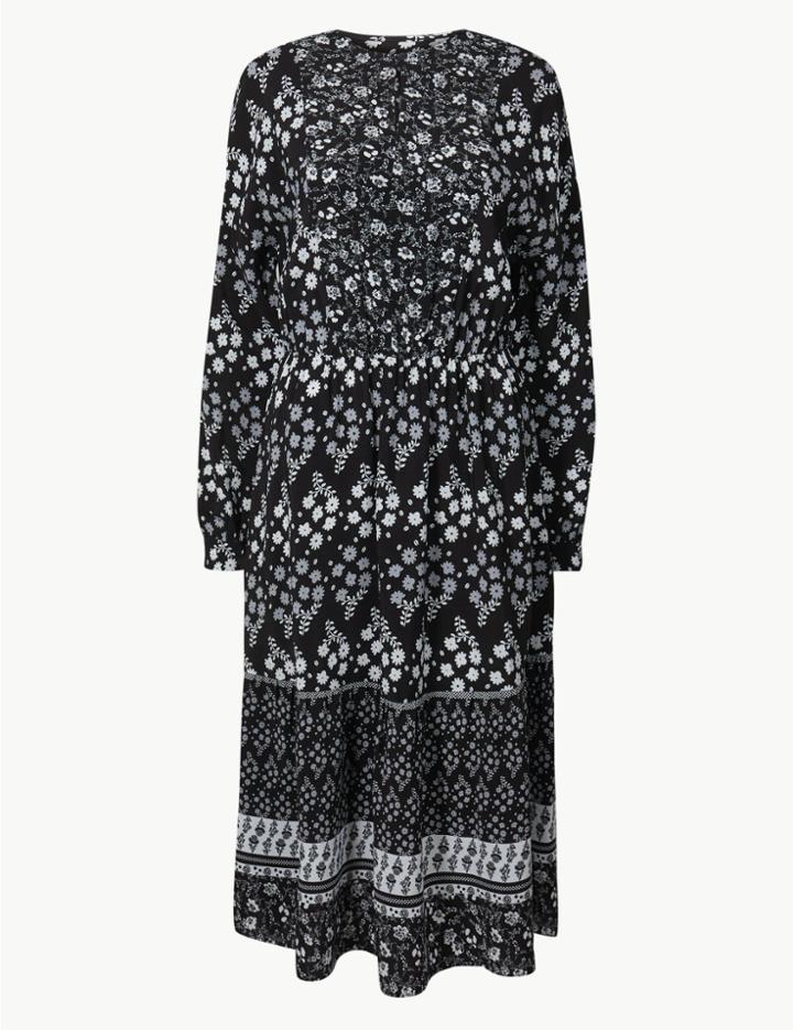 Marks & Spencer Petite Floral Print Midi Waisted Dress Black Mix