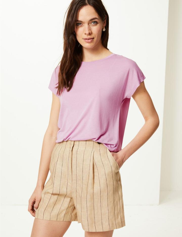 Marks & Spencer Round Neck Longline Relaxed Fit T-shirt Pale Mauve