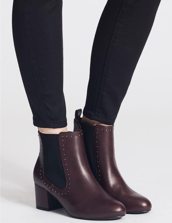 Marks & Spencer Wide Fit Block Heel Stud Detail Ankle Boots Oxblood