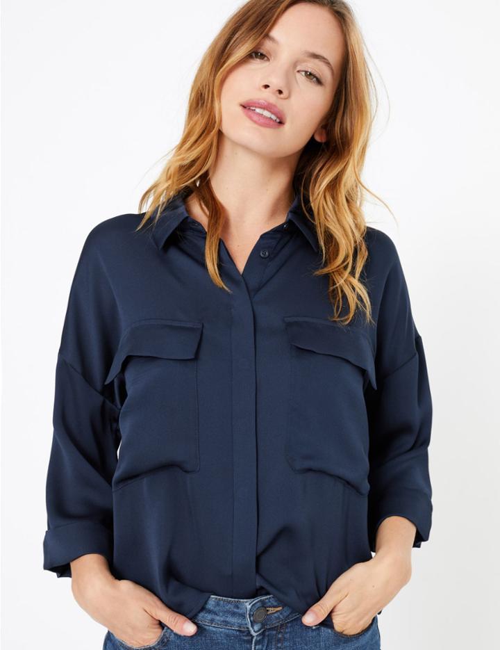 Marks & Spencer Petite Collared Neck 3/4 Sleeve Shirt Navy