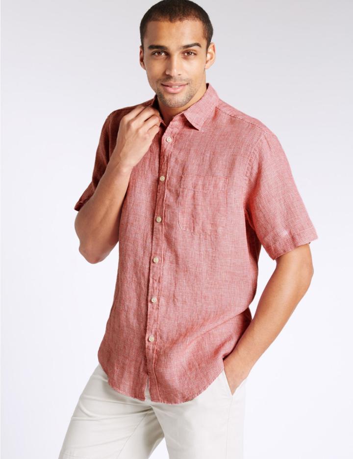 Marks & Spencer Pure Linen Easy Care Shirt With Pocket Poppy