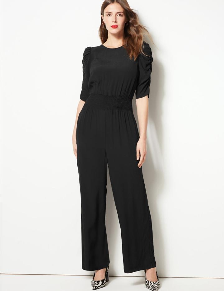 Marks & Spencer Round Neck Half Sleeve Waisted Jumpsuit Black