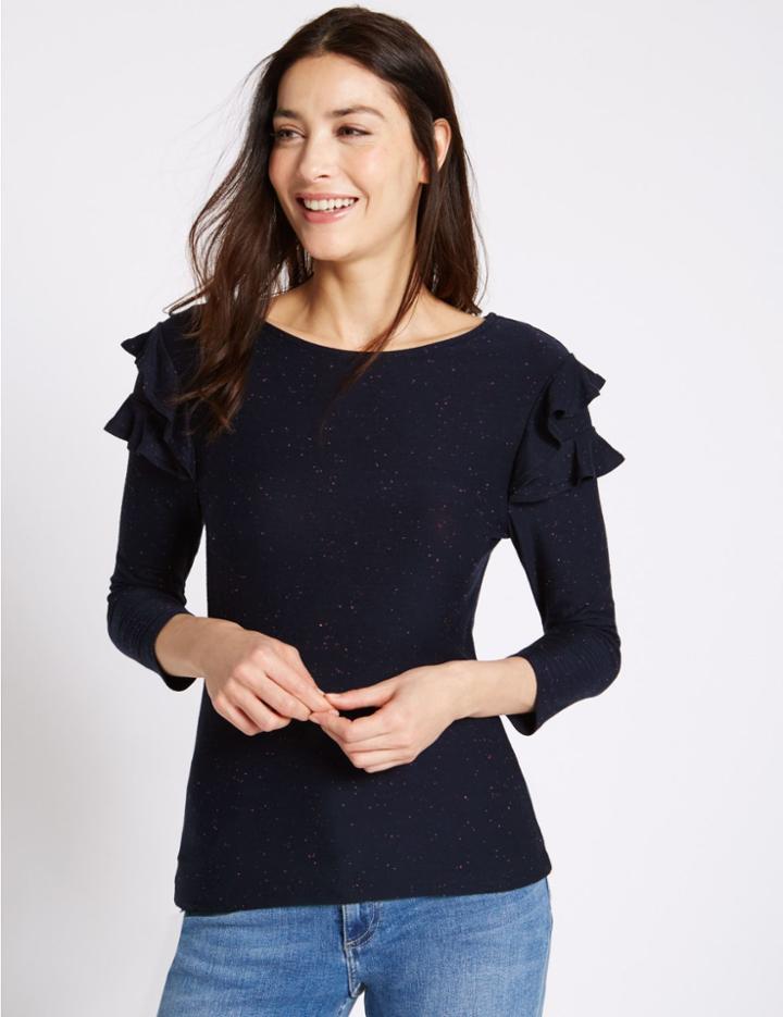 Marks & Spencer Ruffle Slash Neck 3/4 Sleeve Jersey Top Navy Mix