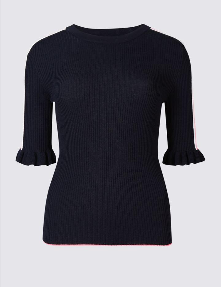 Marks & Spencer Overarm Stripe Half Sleeve Jumper Navy