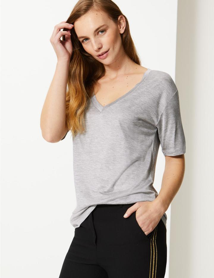 Marks & Spencer Mercerised V-neck Short Sleeve Top Grey Marl