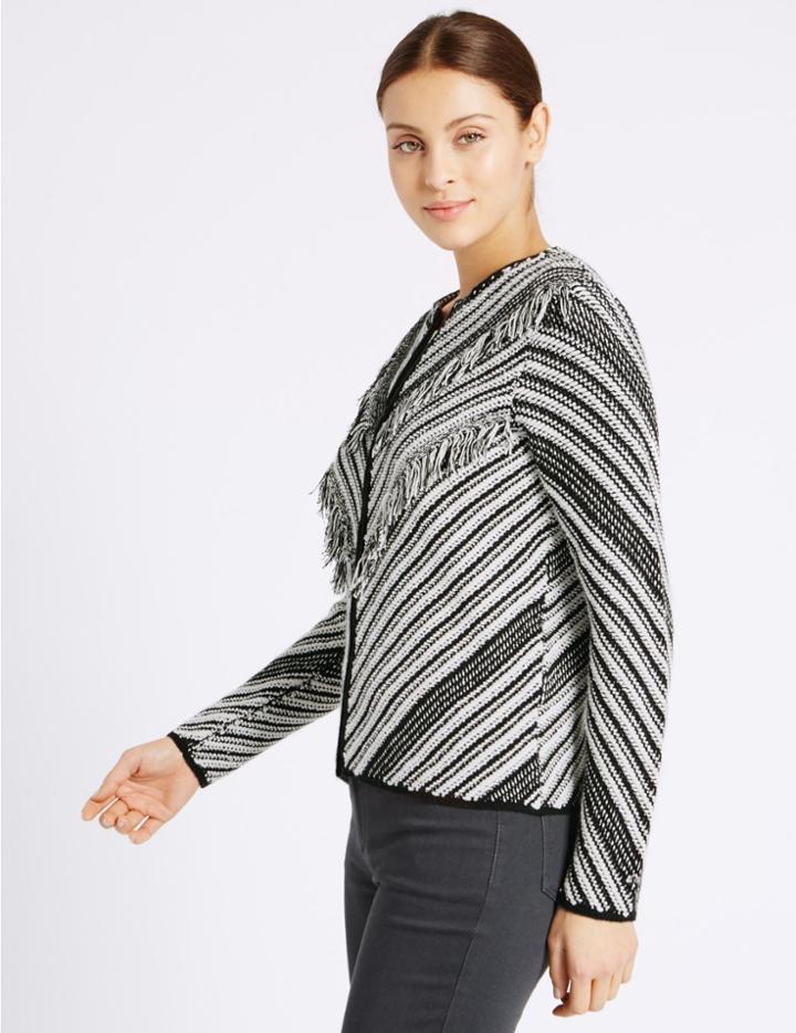 Marks & Spencer Cotton Blend Striped Cardigan Black/white