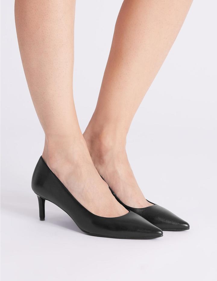 Marks & Spencer Leather Kitten Heel Court Shoes Black