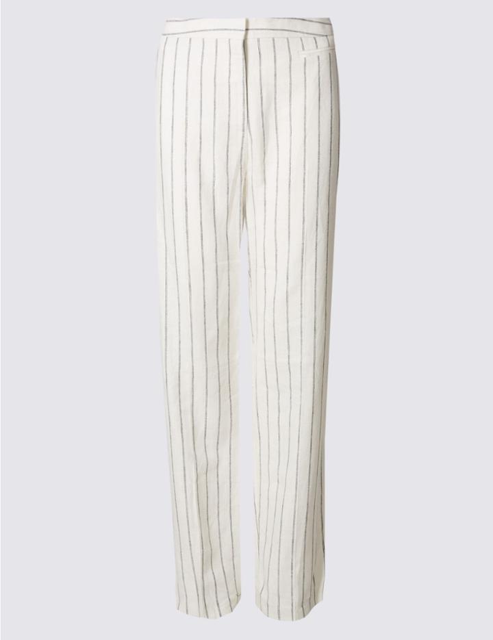 Marks & Spencer Linen Rich Striped Straight Leg Trousers Ivory Mix