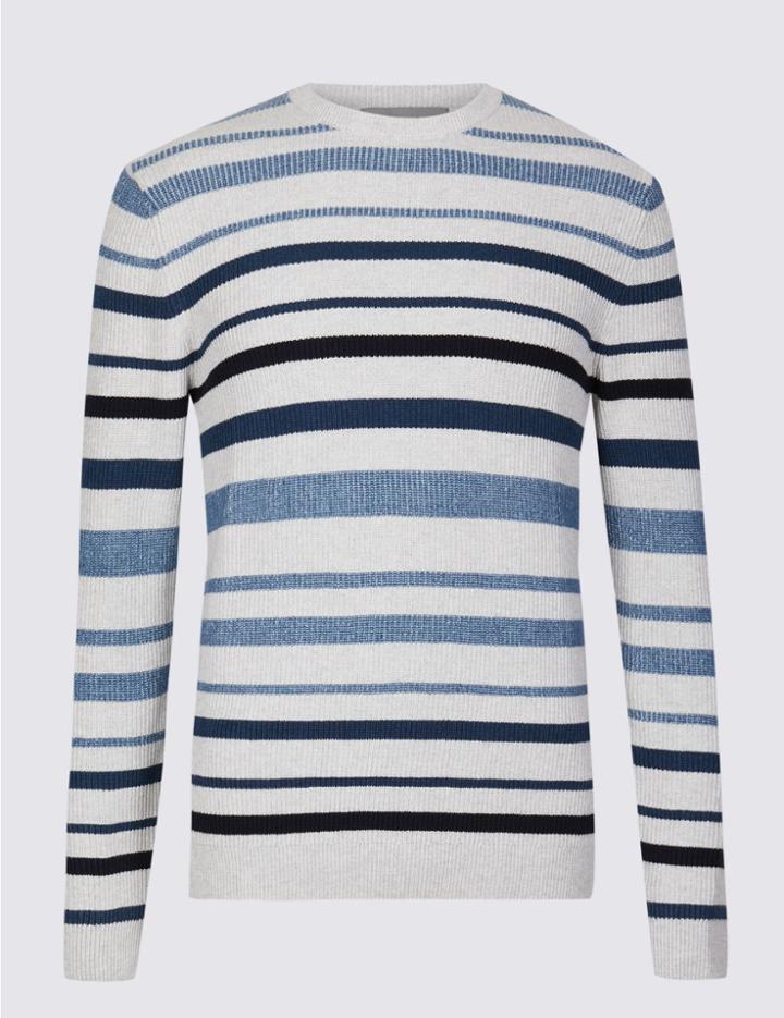 Marks & Spencer Pure Cotton Striped Jumper Light Grey Mix