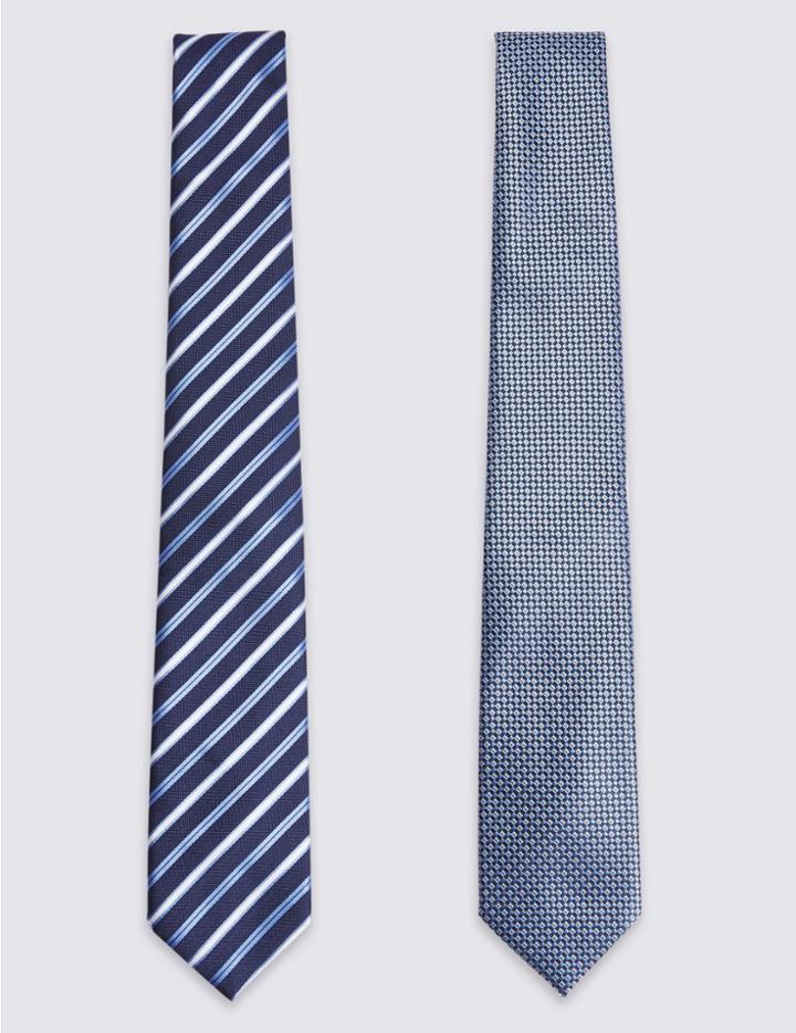 Marks & Spencer 2 Pack Striped & Textured Ties Navy Mix