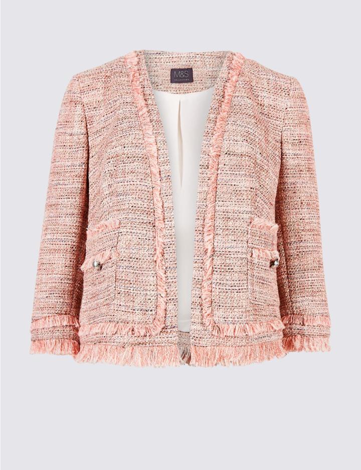 Marks & Spencer Cotton Blend Textured Fringe Blazer Pink