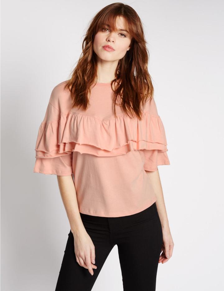 Marks & Spencer Pure Cotton Ruffle Half Sleeve Sweatshirt Pink