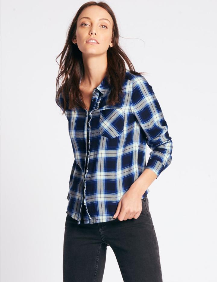 Marks & Spencer Checked Ruffle Long Sleeve Shirt Blue Mix