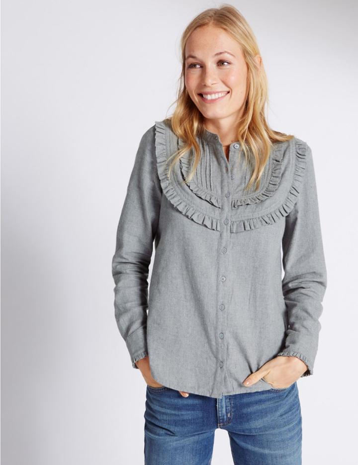 Marks & Spencer Pure Cotton Ruffle Shirt Grey