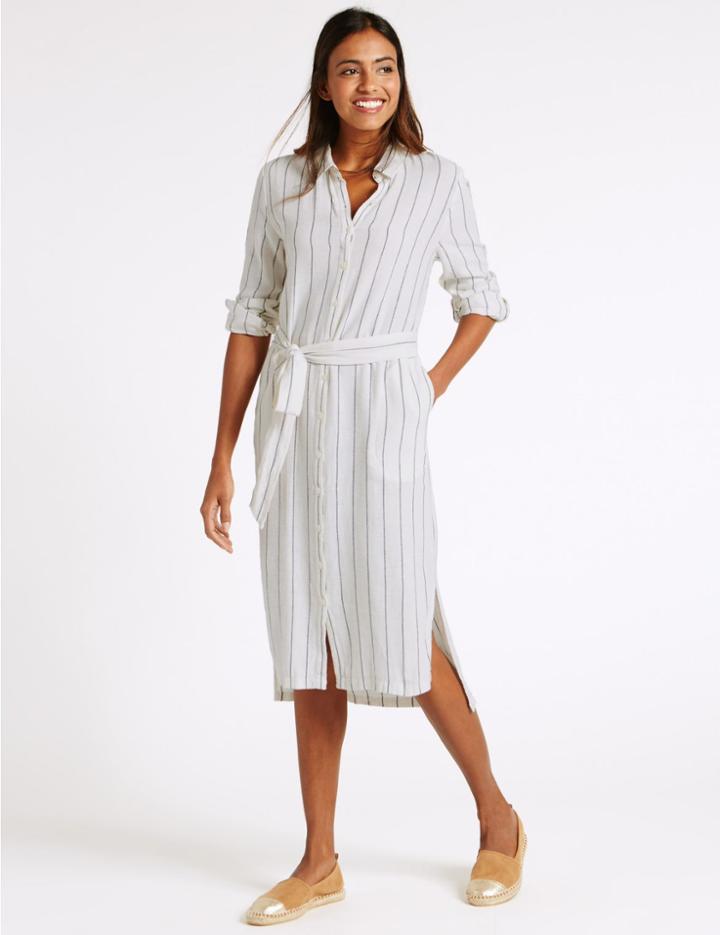 Marks & Spencer Linen Rich Dipped Hem Shirt Dress With Belt Blue Mix