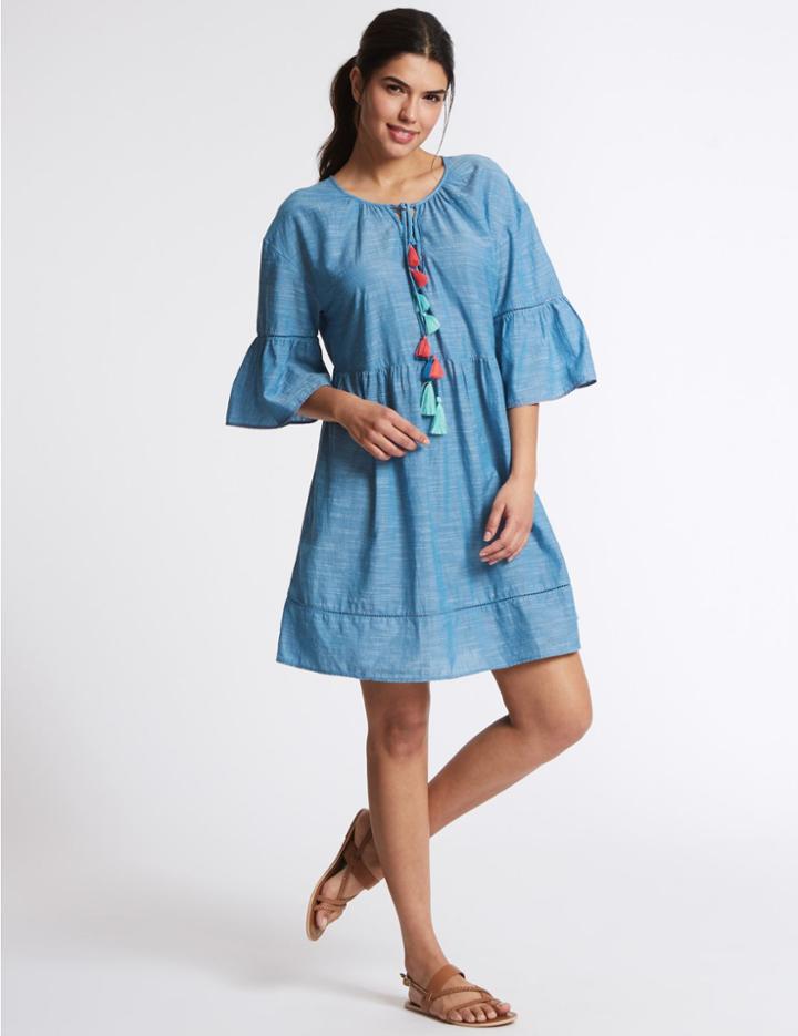 Marks & Spencer Pure Cotton Pom Pom Tunic Dress Chambray