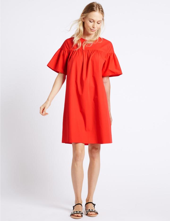 Marks & Spencer Pure Cotton Flared Sleeve Tunic Dress Red