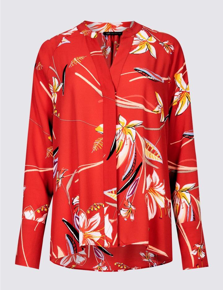 Marks & Spencer Floral Print Dipped Hem Long Sleeve Shirt Red Mix