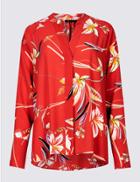 Marks & Spencer Floral Print Dipped Hem Long Sleeve Shirt Red Mix