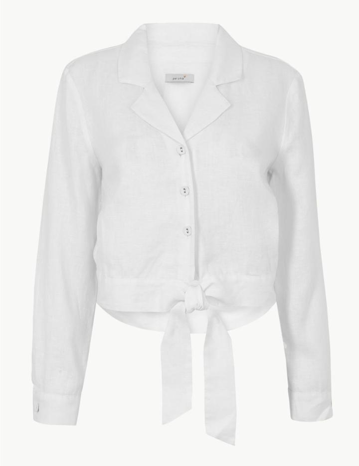 Marks & Spencer Pure Linen Button Detailed Tie Front Shirt White