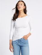 Marks & Spencer Cotton Rich Slash Neck 3/4 Sleeve T-shirt Ivory