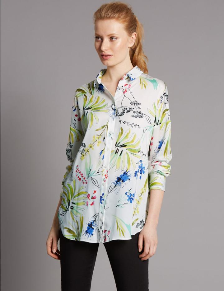 Marks & Spencer Floral Print Longline Shirt White